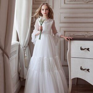 Tulle elegant dress with lace in a classic style for communion or a flower girl